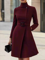 Elegant High-neck Tie-waist A-line Midi Dress (with belt)