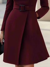 Elegant High-neck Tie-waist A-line Midi Dress (with belt)