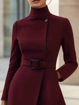 Elegant High-neck Tie-waist A-line Midi Dress (with belt)