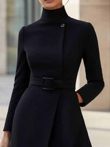 Elegant High-neck Tie-waist A-line Midi Dress (with belt)