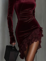 Burgundy Velvet Turtleneck Lace Hem Fitted Mini Dress