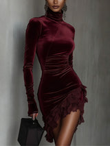 Burgundy Velvet Turtleneck Lace Hem Fitted Mini Dress