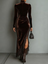 Chocolate Velvet Irregular Hem Lace Fitted Maxi Dress