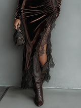 Chocolate Velvet Irregular Hem Lace Fitted Maxi Dress