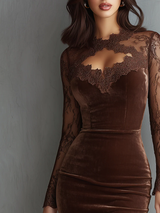 Brown Vintage Keyhole Neckline Lace Sleeve Velvet Mini Dress