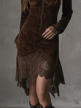 Chocolate Brown Velvet Lace Asymmetrical Hem Midi Dress