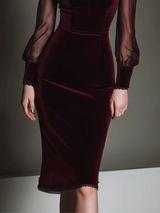 Burgundy Velvet Patchwork Sweetheart Neck Mesh Pencil Midi Dress