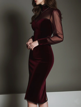 Burgundy Velvet Patchwork Sweetheart Neck Mesh Pencil Midi Dress