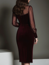 Burgundy Velvet Patchwork Sweetheart Neck Mesh Pencil Midi Dress