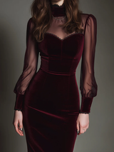 Burgundy Velvet Patchwork Sweetheart Neck Mesh Pencil Midi Dress
