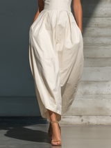 Women's Ivory Halter Neck Jumpsuit With Pleated Wide-Leg Pants & Side Pockets MDZ1027B5T