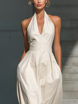 Women's Ivory Halter Neck Jumpsuit With Pleated Wide-Leg Pants & Side Pockets MDZ1027B5T