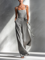 Women's Minimalist Linen Blend Gray Spaghetti-Strap Square-Neck Tie-Waist Wide-Leg Jumpsuit MDA2666L5AU