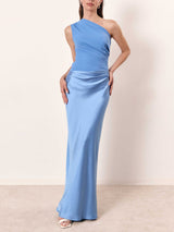 Elegant One Shoulder Neck Pleated Party Maxi Dress