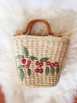 Vintage Rattan Handle Embroidered Bucket-shaped Straw Bag