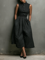 Women's Minimalist Pinstriped Single-breasted Wide-leg Cropped Jumpsuit MDZ1050B9Y