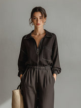 Women's Dark Grey Woven Jumpsuit With Contrast Stitching & Half-Zip Front, Timeless Minimalist Casual Style Jumpsuit MDZ0931B2I