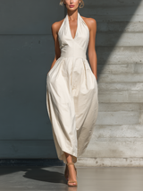 Women's Ivory Halter Neck Jumpsuit With Pleated Wide-Leg Pants & Side Pockets MDZ1027B5T