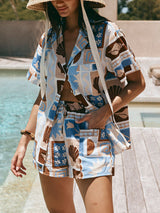 Unique Casual Scallop Painting Print Shorts Two-piece Set