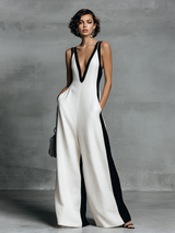 Women's Stylish Black And White Color-blocked Jumpsuit With Thin Straps MDZ0528B0BA