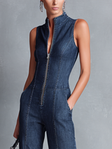 Women's Retro Style Dark Blue Denim Sleeveless High-Neck Flared Jumpsuit With Front Zipper MDZ1239B2BA