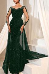 Evening Gown Dark Brown Sequined Lace Tulle Overskirt Mermaid Maxi Dress