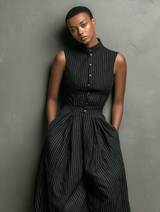 Women's Minimalist Pinstriped Single-breasted Wide-leg Cropped Jumpsuit MDZ1050B9Y