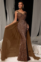 Evening Gown Dark Brown Sequined Lace Tulle Overskirt Mermaid Maxi Dress
