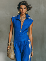 Women's Minimalist Linen Blend White Trim Sleeveless Jumpsuit MDZ1090B8Y