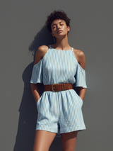 Women's Blue & White Striped Romper With Halter Neck & Side Pockets, Modern Casual-Elegant Style Jumpsuit (without Belt) MDZ1135B0I