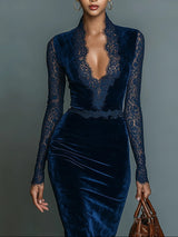Dark Blue Velvet Slim Fit V-Neck Midi Dress