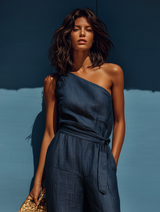 Women's Minimalist Denim-look One-shoulder Straight-leg Jumpsuit MDZ0506B8Y