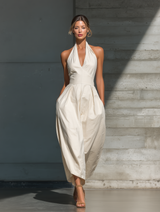 Women's Ivory Halter Neck Jumpsuit With Pleated Wide-Leg Pants & Side Pockets MDZ1027B5T
