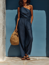 Women's Minimalist Denim-look One-shoulder Straight-leg Jumpsuit MDZ0506B8Y