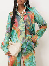 Unique Satin Oil Painting Print Elastic Waist Loose Wide-Leg Pants