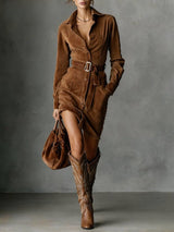 Suede Single Breasted Lapel Long Sleeve Midi Dress（Includes belt）