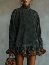 Turtleneck suede leopard print paneled hem mini dress