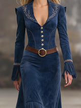 Retro Embroidered Dark Blue Faux Suede Tassel Maxi Dress（Includes belt）