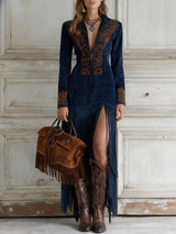 Western Half-Zip Embroidered Faux Suede Fringe Maxi Dress