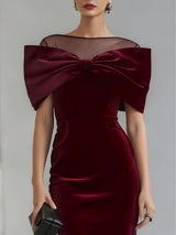 DRAMATIC BURGUNDY VELVET BOW MIDI DRESS