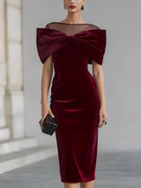 DRAMATIC BURGUNDY VELVET BOW MIDI DRESS