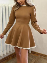 Elegant Lace Panel High Waist Long Sleeve Mini Dress