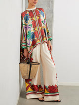 Exquisite Floral Print Elastic Waist Wide-leg Pants