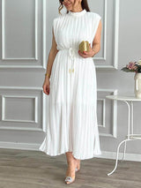 Elegant Pleated Half-High Collar Tie Midi Dress