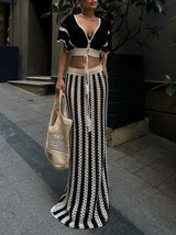 Sexy V-neck Hollow Striped Knitted Long Skirt Suit