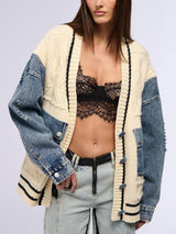 Unique Denim Patchwork Cable Knitted Coat