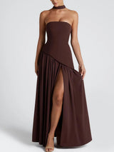 Strapless Slit Ribbon Maxi Dress