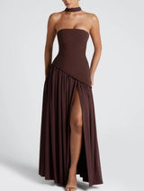 Strapless Slit Ribbon Maxi Dress