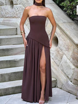 Strapless Slit Ribbon Maxi Dress