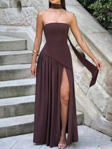 Strapless Slit Ribbon Maxi Dress